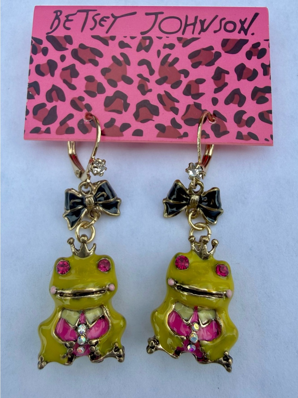 Betsey Johnson Crowned Frog Prince Dangle Earrings With Bow